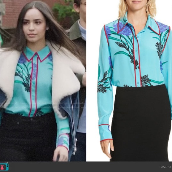 Diane Von Furstenberg Contrasting Piping Floral Silk Shirt Farren Marine Size 8 - Picture 2 of 14